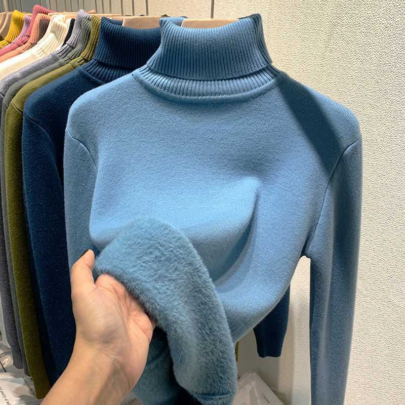 Pull à col roulé en velours pour femmes - Pull tricoté chaud pour l'hiver