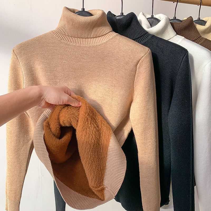 Pull à col roulé en velours pour femmes - Pull tricoté chaud pour l'hiver